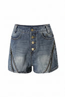 Denim shorts with button details on a white background, Obroi