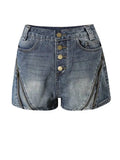 Denim shorts with button details on a white background, Obroi