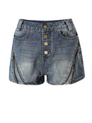 Denim shorts with button details on a white background, Obroi