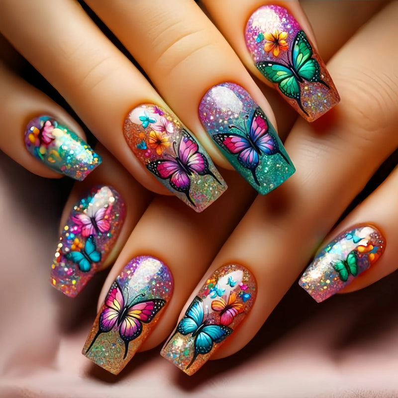 24pcs Blue Gradient Press on Nails Finished Golden Flower Coffin False Nail Tips Long Ballet Fake Nail with Pearl