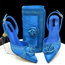 Elegant Rhinestone-Embellished Brown Heeled Shoes and Handbag Set for Women with Floral Decoration