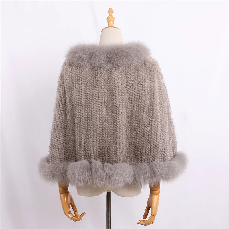 Luxury Genuine Mink Fur Knitted Shawl Wrap Opera Cape Fox fur women Lady mink fur coat Jacket Stole