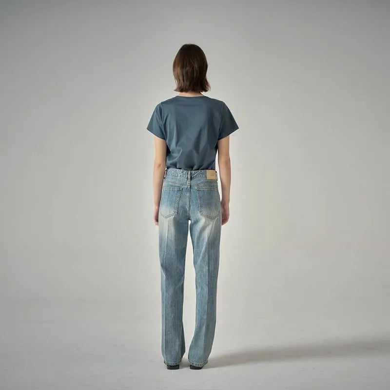 Jeans High Waisted Casual Floor Mopping Jeans Women Boyfriend Splicing Sky Blue Denim Pants