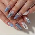 24pcs Blue Ocean Fake Nails Beach Shells Pearl False Nail Tips Almond Press on Nails