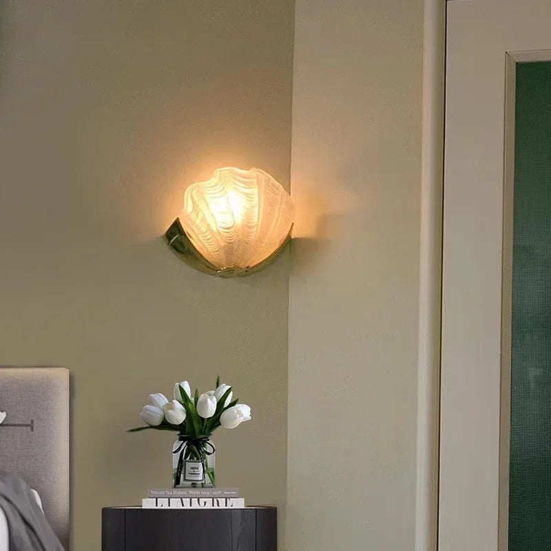 Luxury Wall Light Brass Shell Creative Glass Retro Living Room Bedroom Foyer Corridor Mirror Wall Lamp