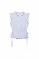 A sleeveless light blue and white vertically striped blouse with ruffled trim at the round neckline, a smocked bodice, and side drawstrings at the gathered hem, shown on a plain white background with the brand text Obroi in the top left corner.