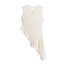 An off-white sleeveless asymmetrical dress with a ruffled hem and a keyhole cutout at the back, displayed against a solid white background, Obroi