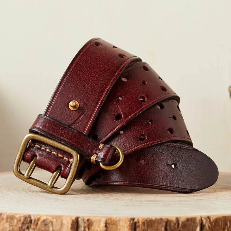 Pure 3.8cm Wide Genuine Leather Belt for Men Double Pin Buckle Male Jeans Belts