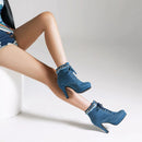 Short boots denim material lace up high heels with rivets decoration platform women's shoes