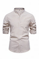 Beige striped shirt with rolled-up sleeves on a white background, Obroi