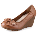 Women Genuine Leather Shoes Wedges Comfortable Shoes Bow Black Shoes Elegant Ladies