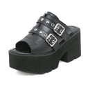 Heels Sandals for Women Open Toe Heels Cute Slip-on Mule Shoes Belt Buckle Black Leather