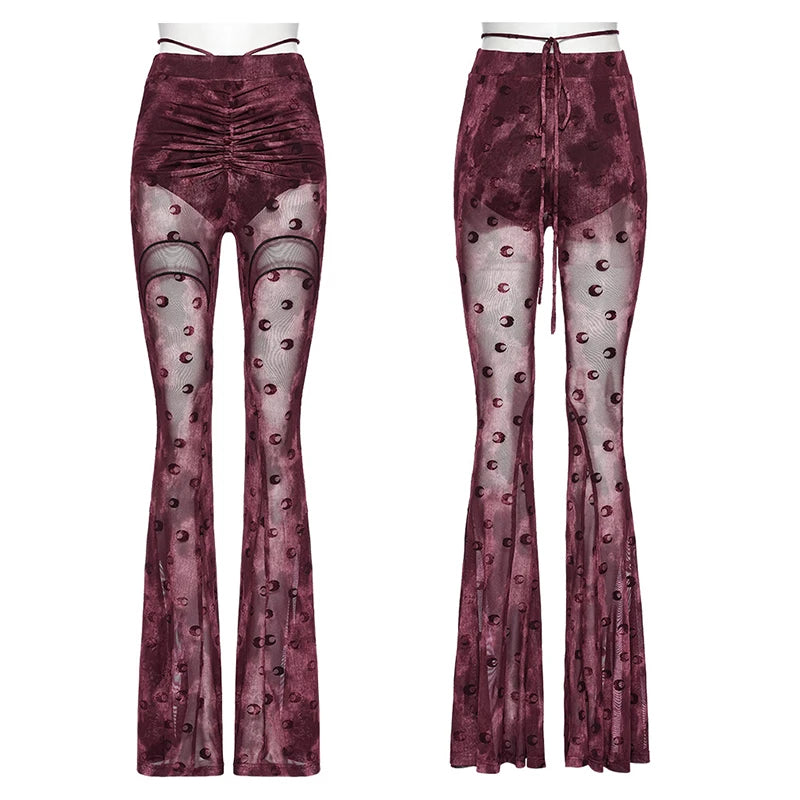Women Gothic Crescent Hollowed Moon Mesh Flare Pants Crotch Pleat Design Trousers