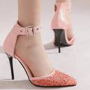 Pink high-heeled shoes with mesh toe design on a light background, Obroi