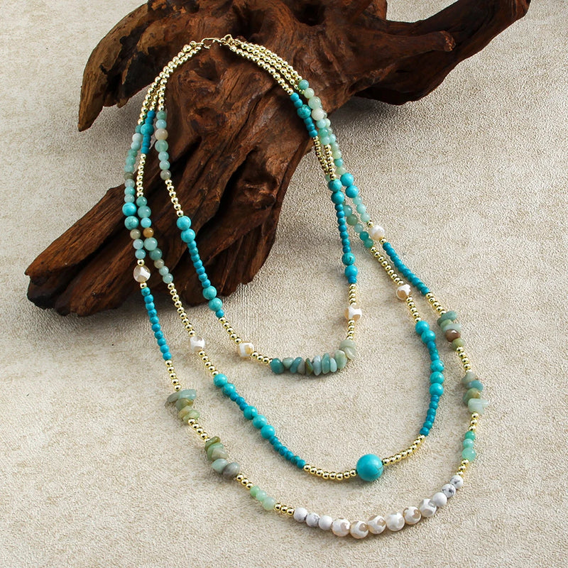 Bohemian Elegant Women's Jewelry Turquoise Natural Stone Glass Hematite Beaded Necklace