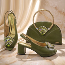 Dark Blue Platform Slingback Heels with Handbag Set Shiny Crystal Embellished Ladies Shoes Bag