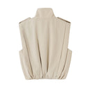 Women High Neck Pleated Sleeveless Vest Double Breasted Cropped Casual Waistcoat Chic Outerwear