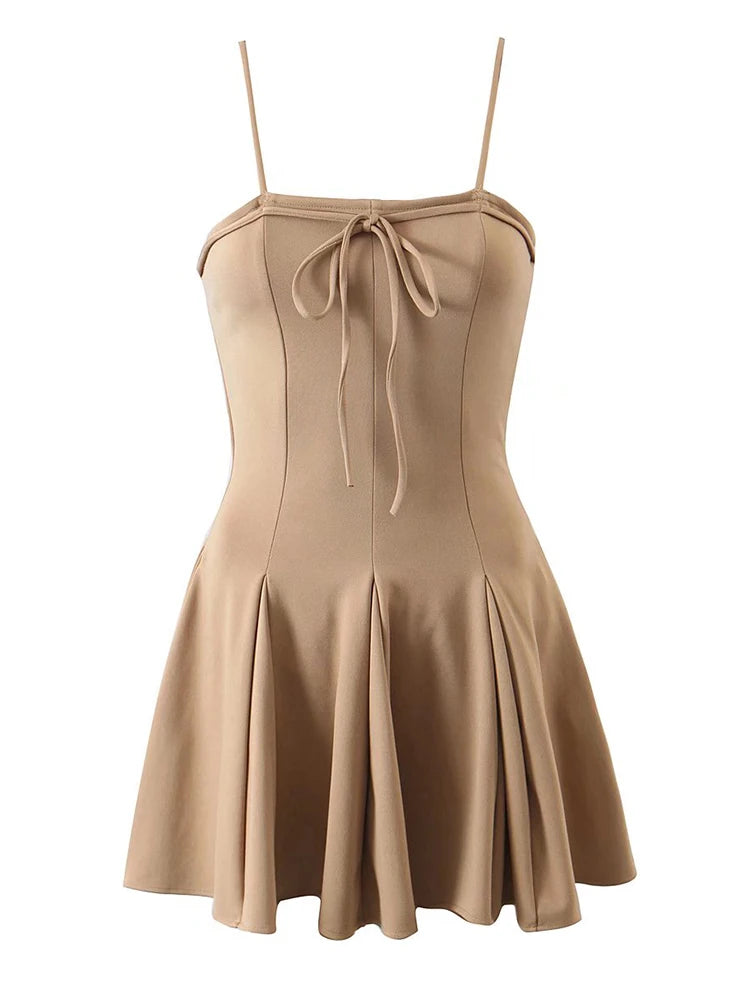 Women Bow Lace Up Sling Sexy Dress Vintage Solid Ladies Short Summer Dress Romantic Female