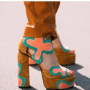 Brown Flower Pattern Hollow Platform Sandals Heel peep Toe Summer Woman Shoes