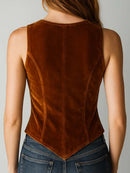Retro Lace Velvet Vest Women Vintage Caramel Crop Jacket Casual Streetwear Outfits