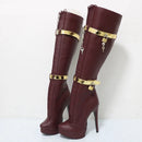 Maroon knee-high boots with gold buckles on a white background, Obroi