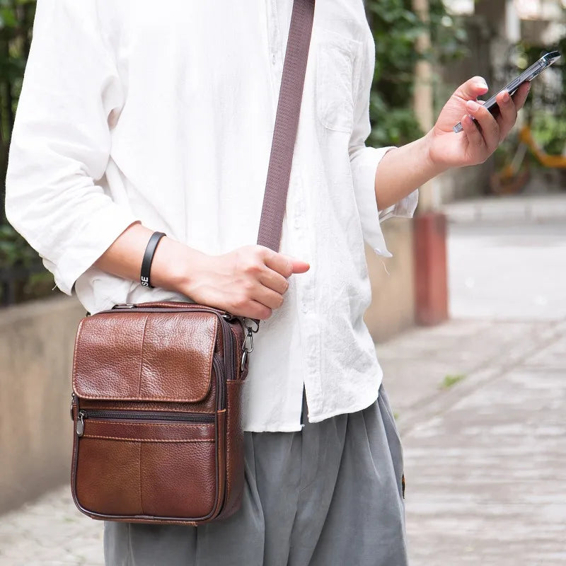 Genuine Leather Vertical Crossbody Bag for Men's Shoulder Bag Casual