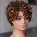 Mannequin head with a brown curly wig on a blurred background, Obroi