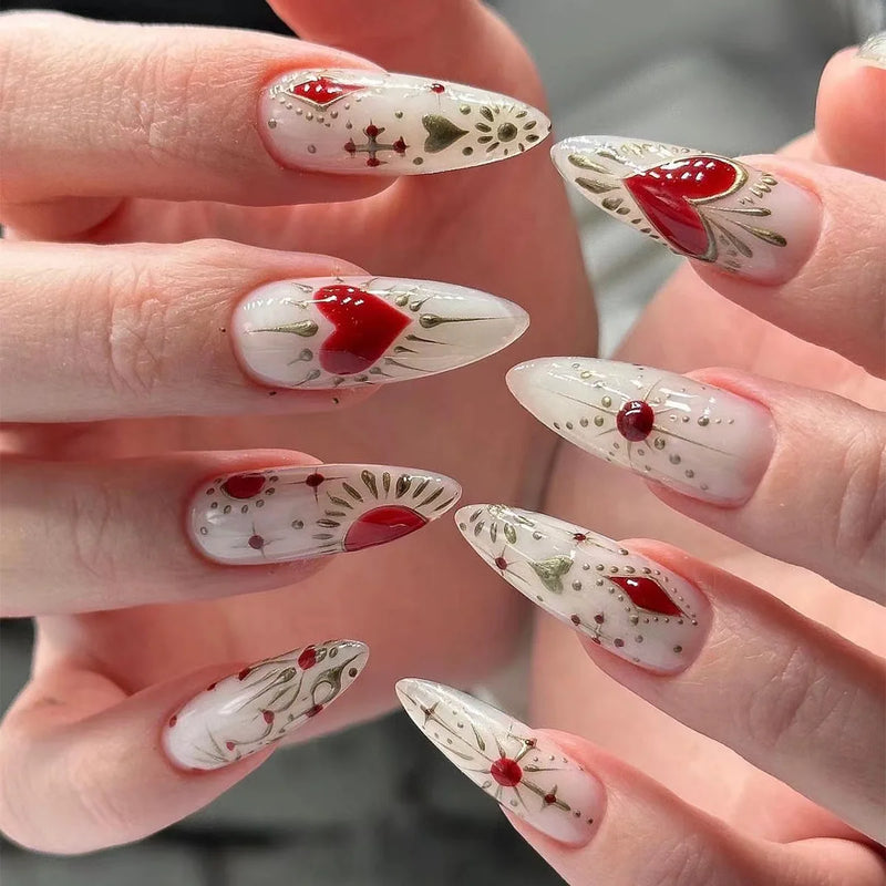 Red Retro Almond Shape False Nails Detachable Finished Fake Nails Press on Nails