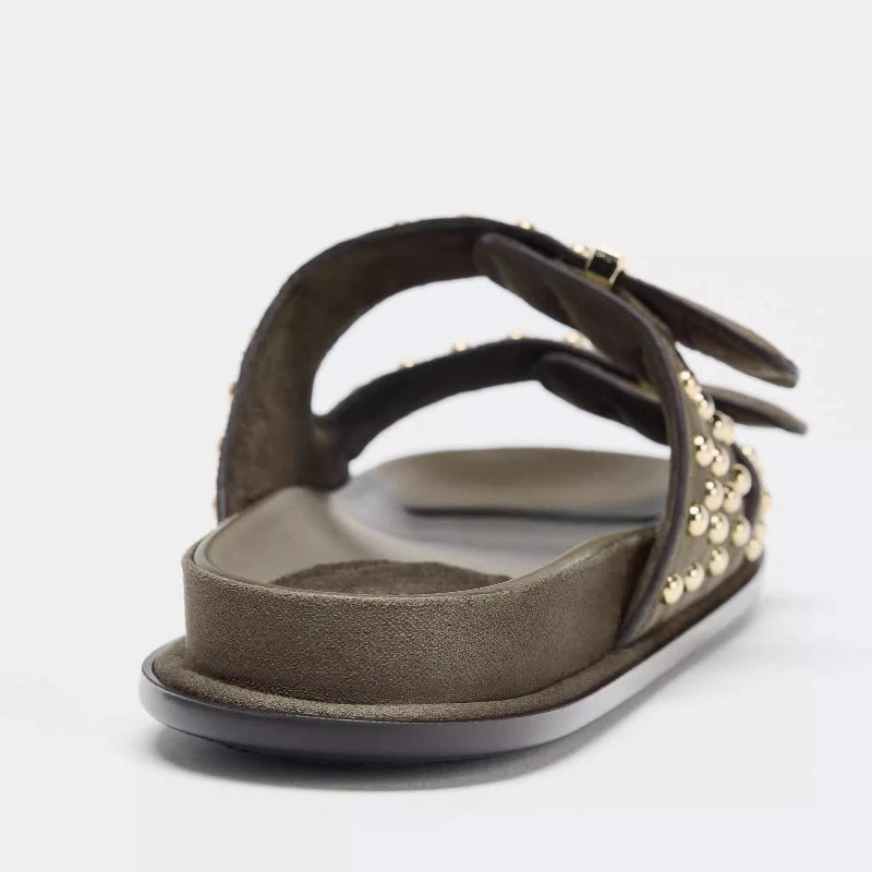 Metal Rivet Decoration Flat Sandals Women Luxury Designer Belt Buckle Platform Slippers Comfortable Casual Beach Shoes