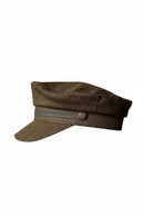 A dark brown cap with a curved brim and a matching brown band featuring a single button, shown against a plain white background, Obroi