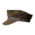 A dark brown cap with a curved brim and a matching brown band featuring a single button, shown against a plain white background, Obroi