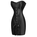 Women Overbust Corset Dress Steel Boned Black Satin Lace-up Long Torso Bustier Body Shaper Top