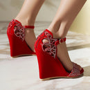Refined Ladies High Heel Sandals Wedge Heel Rhinestone Band Open Toe Covered Heel