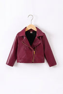 A burgundy faux leather moto jacket with a black lining and gold-tone zipper, hanging on a wooden hanger against a plain white background, Obroi