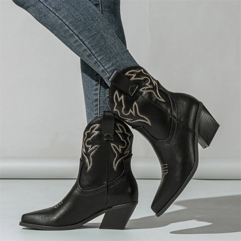 Embroidery Pointed Toe Ankle Boots Women Punk Square Heels Short Western Booties Shoes