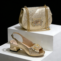 Open Toe High Heels & Bag Set Gold blocking Rhinestones Elegant High Heels