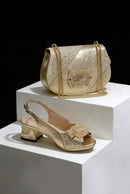 Open Toe High Heels & Bag Set Gold blocking Rhinestones Elegant High Heels