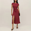 Dresses For Women Front Gathered Button Elegant Office Dress Round Neck Cap Sleeve Vintage Midi Dress With Slit