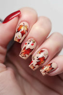Nails with autumn leaf design and red polish on a neutral background, Obroi