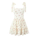 Women Beige Strawberry Tie Bow Strap Dress Cross Swing Cake