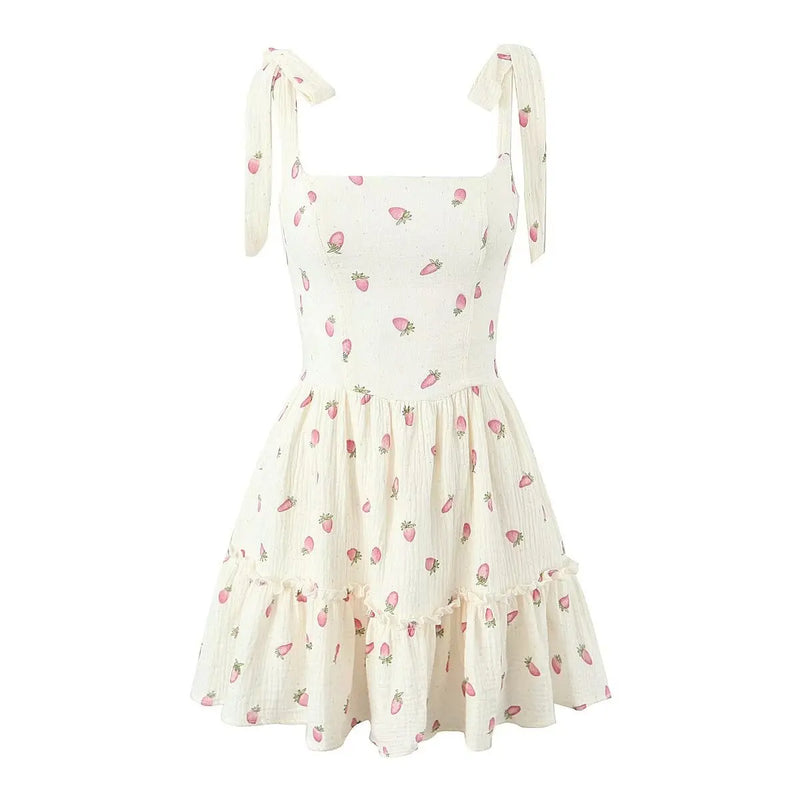 Women Beige Strawberry Tie Bow Strap Dress Cross Swing Cake