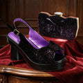 Women's Elegant Black Chunky Heel Platform Peep Toe Slingbacks Sandals & Clutch Bag Set