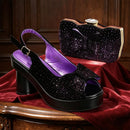 Women's Elegant Black Chunky Heel Platform Peep Toe Slingbacks Sandals & Clutch Bag Set