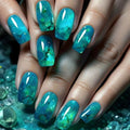 Short Medium nails for women gradient with strips square nail tips full cover press on nails