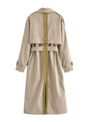 Elegant Belt Decorate Splicing Design Long Trench Coat Women's Trendy Casual Windbreaker Jacket Autumn