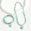 Minimalist Women's Jewelry 4mm Natural Stone Beaded Short Necklace Heart Pendant 8mm Stretch Bracelet