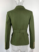 Designer Women's Linen Lion Buttons Belted Jacket Pencil Pants