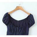 Women Vintage Puff Sleeve Square Neck Navy Blue Mini Dress Low Waist Female Cotton Casual Robe
