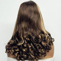 Brown wig with wavy hair on a mannequin head against a white background, Obroi
