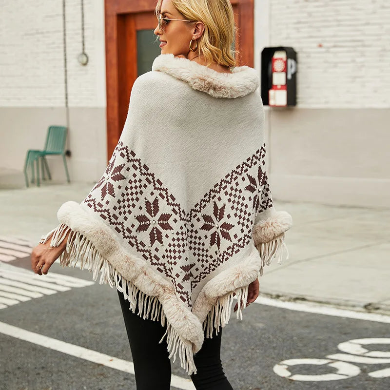 Autumn Winter European American Capes Shawl Imitation Wool Collar Nail Bead Tassel Sweater Ponchos Women Cape Red Cloak